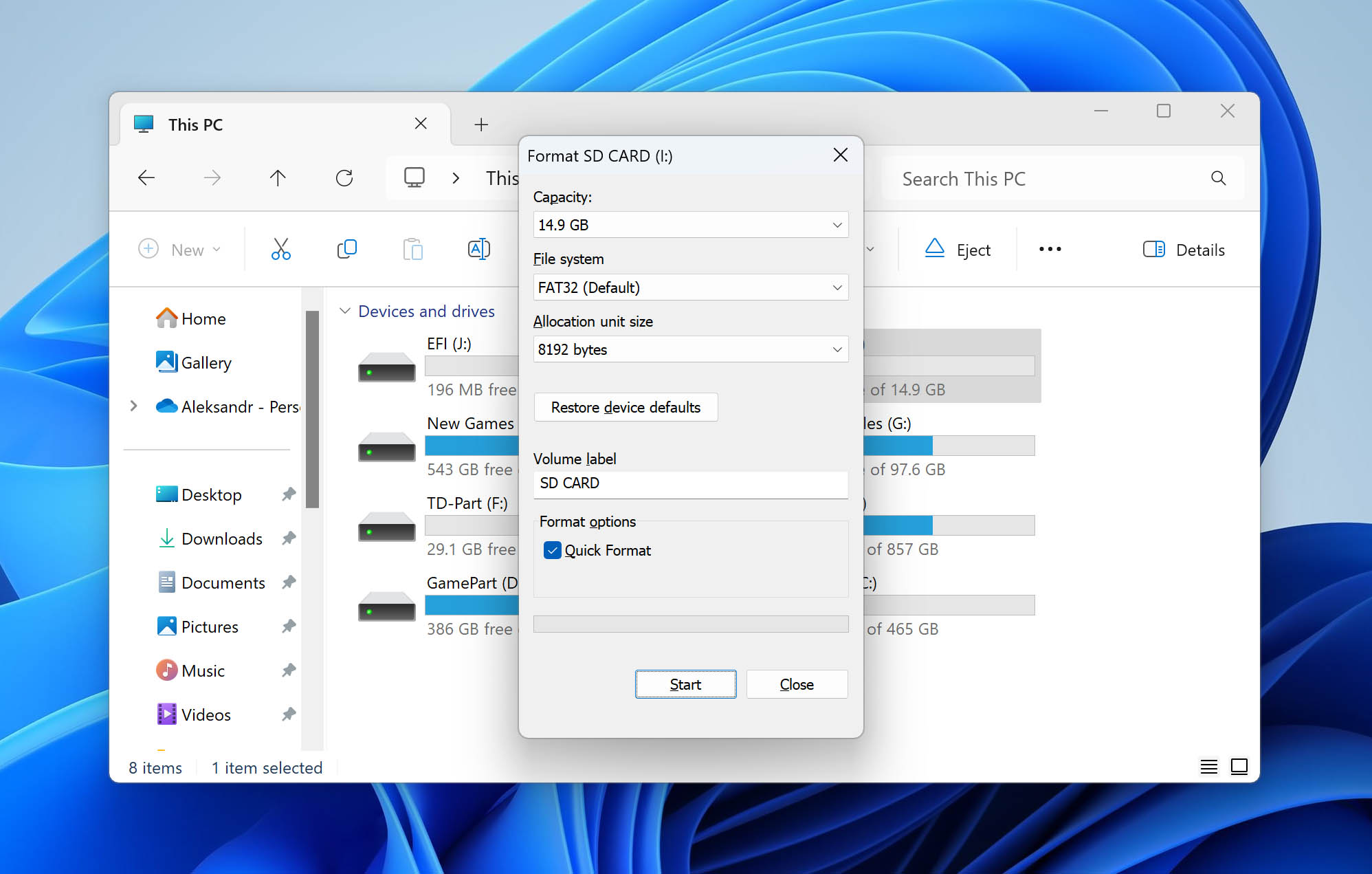 Format SD card with File Explorer