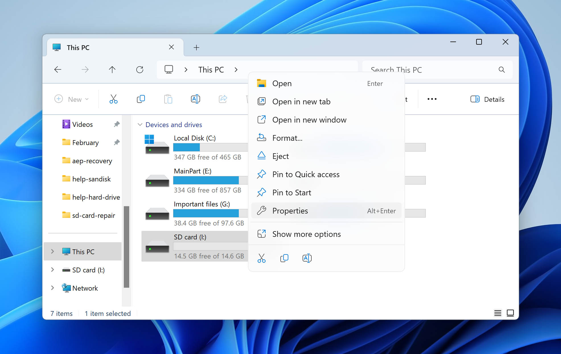 Open SD card properties in file explorer