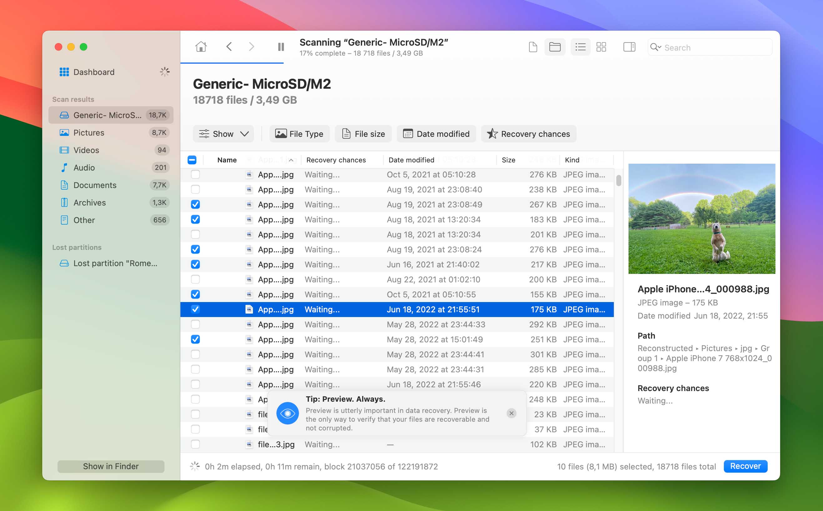 preview and recover selected files after scan