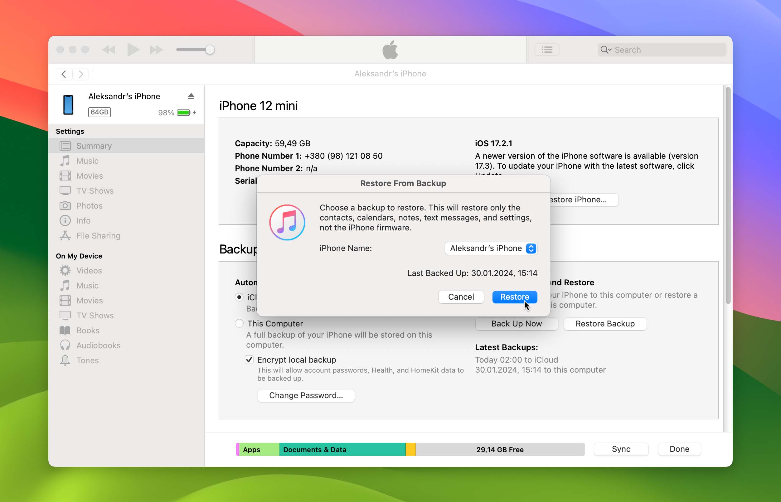 Finally restore iPhone backup