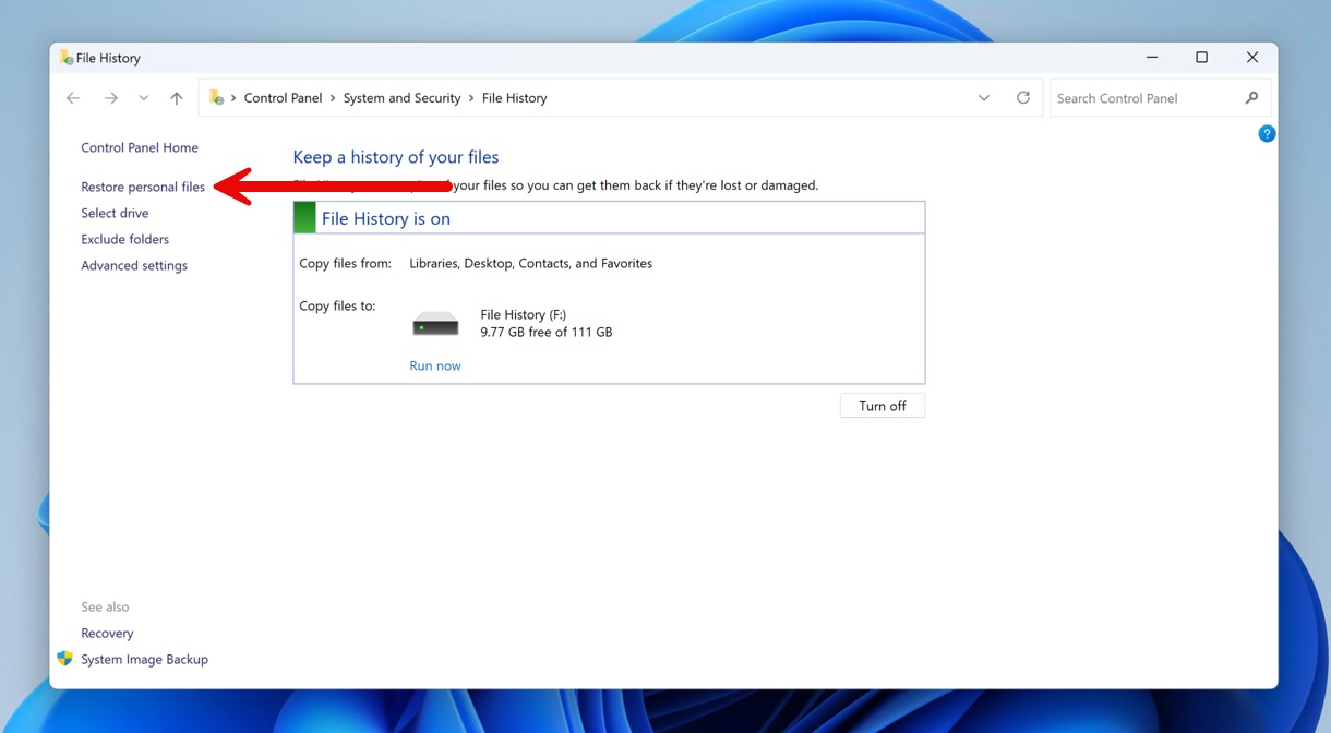 restore personal files file history control panel