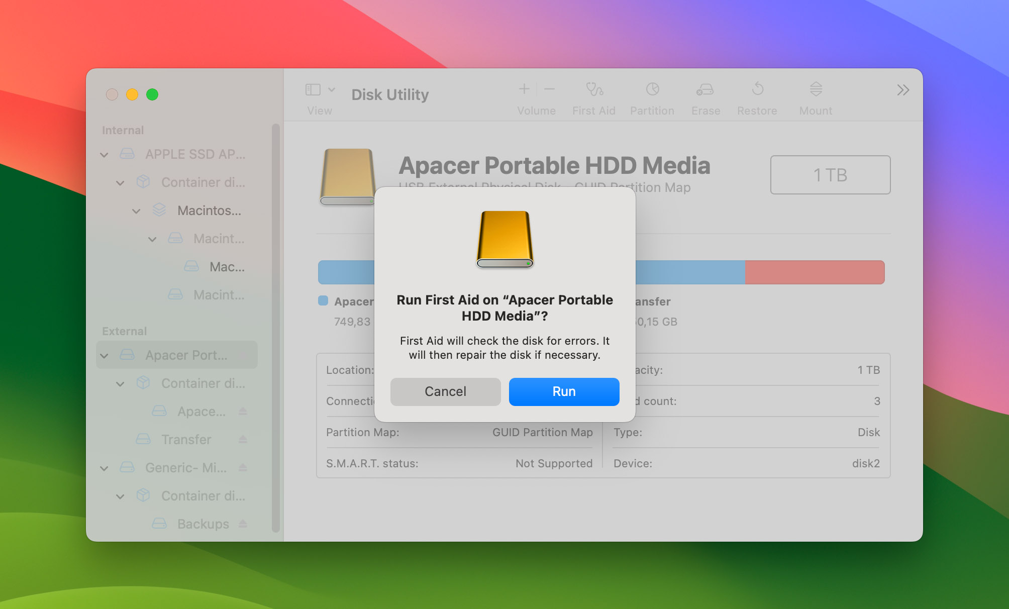 first aid macos on Apacer HDD