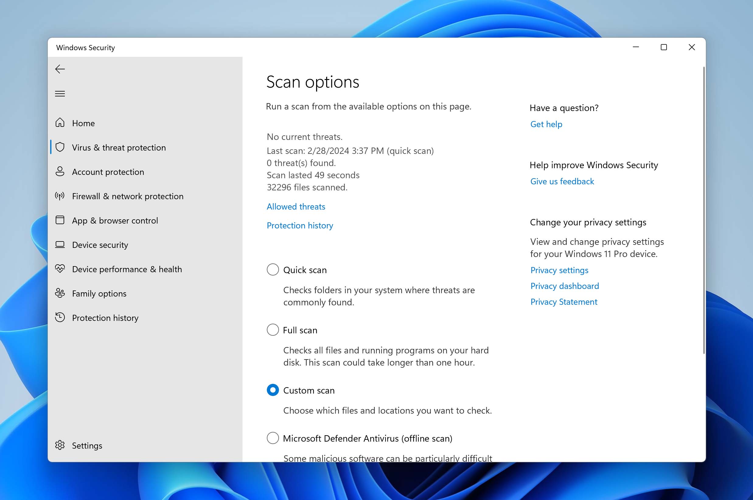 Select custom scan in Windows Security
