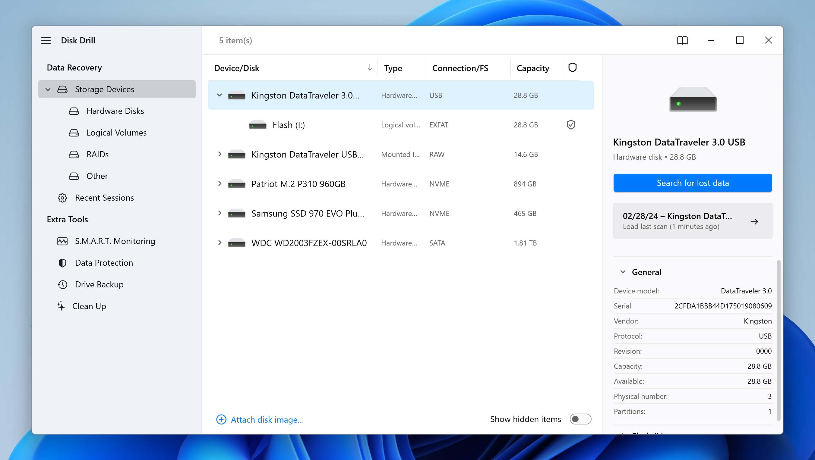 Select drive for scan in disk drill