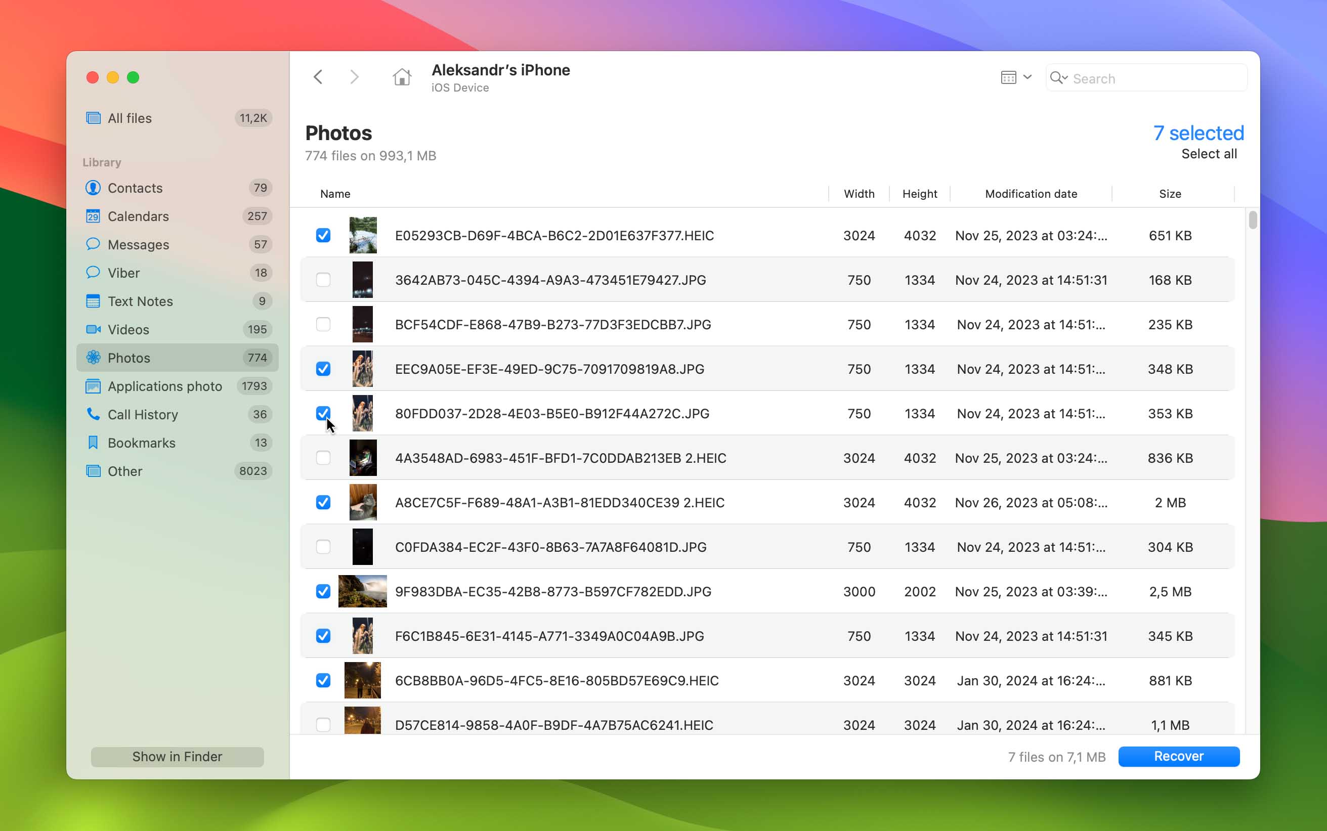 Select files for recover and click Recover button