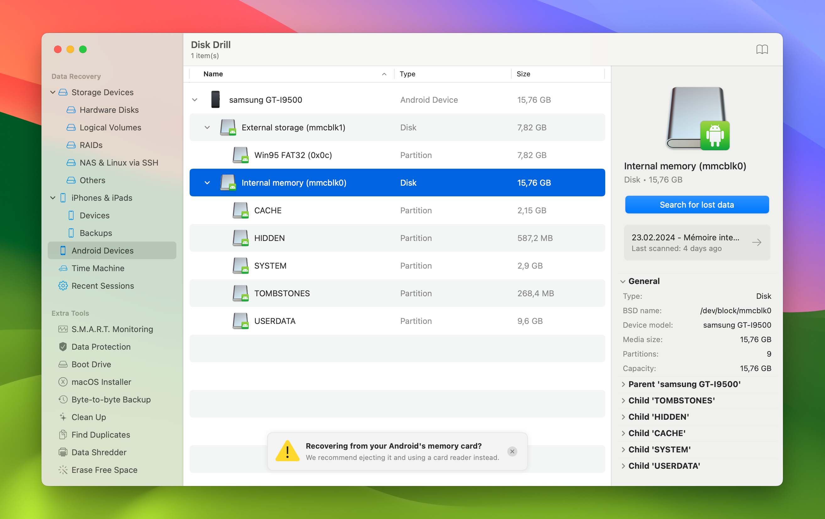 Select android device for recover in Disk Drill