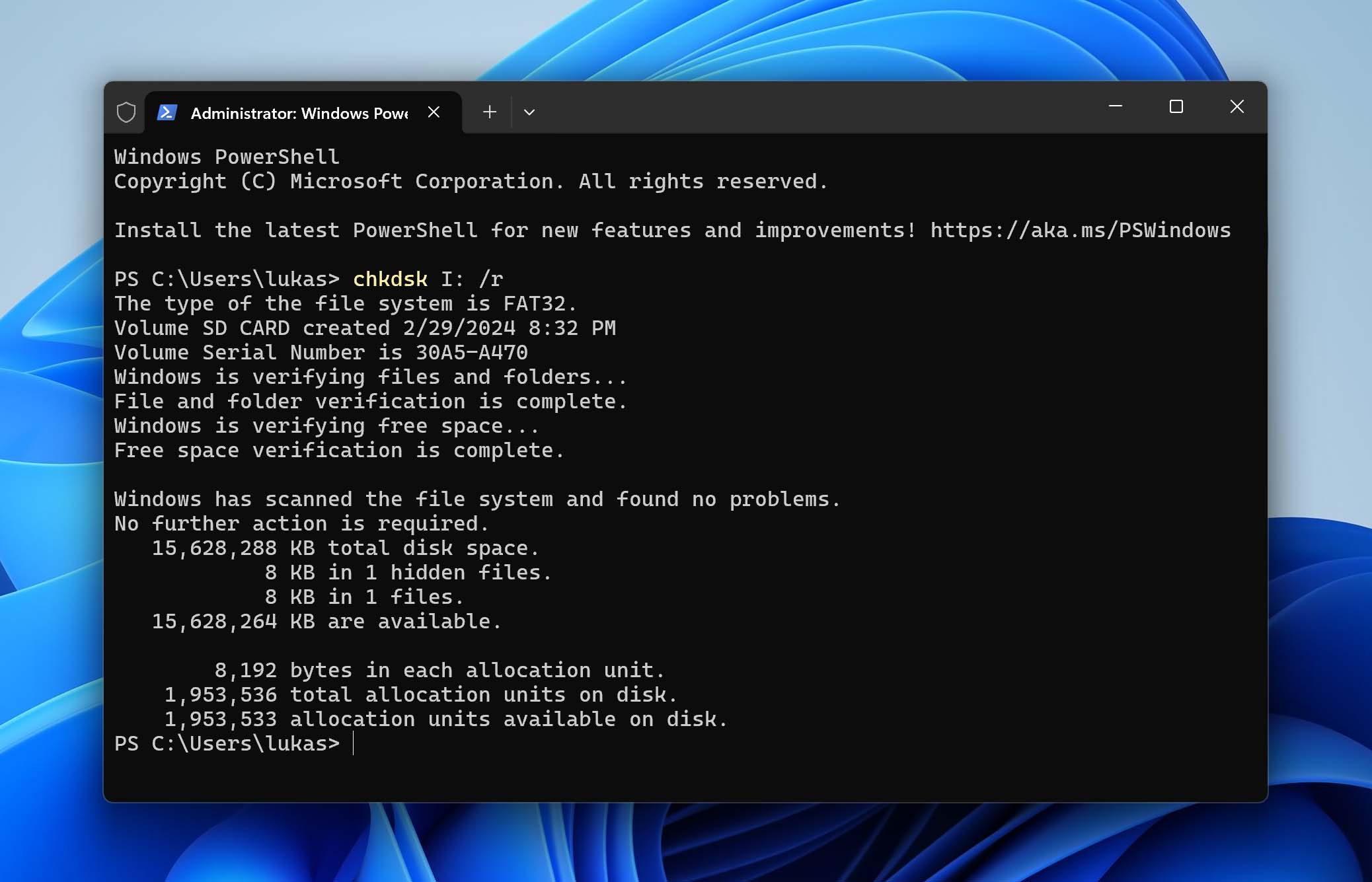 repair SD card with chkdsk command