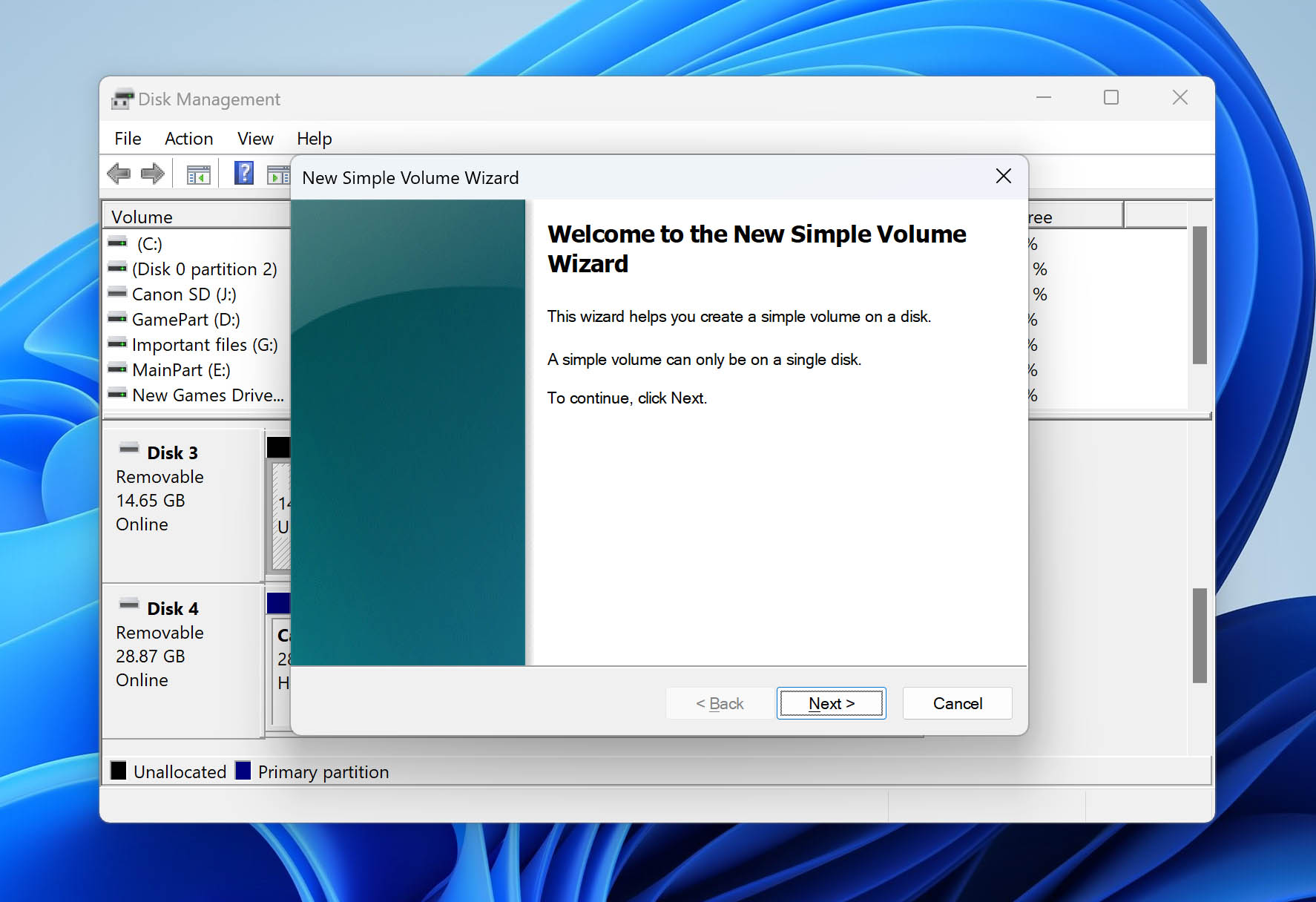 Use New Simple Volume Wizard to create partition