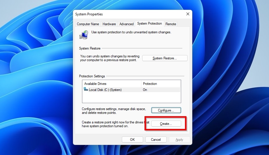 System Protection Manually Create Restore Point