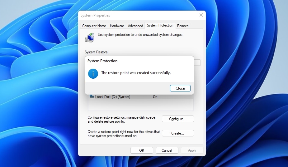 System Protection Restore Point Created Successfully