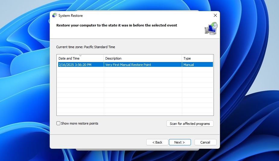 System Protection Restore Point Selection