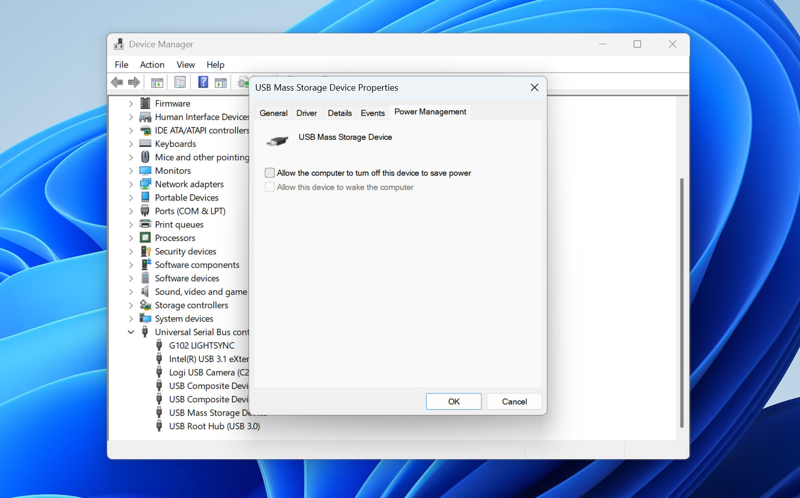 USB power settings