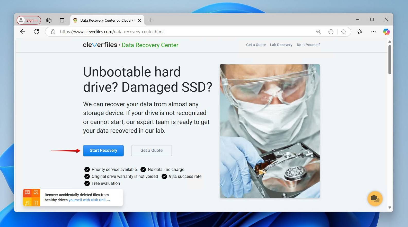 Starting recovery with a data recovery service.