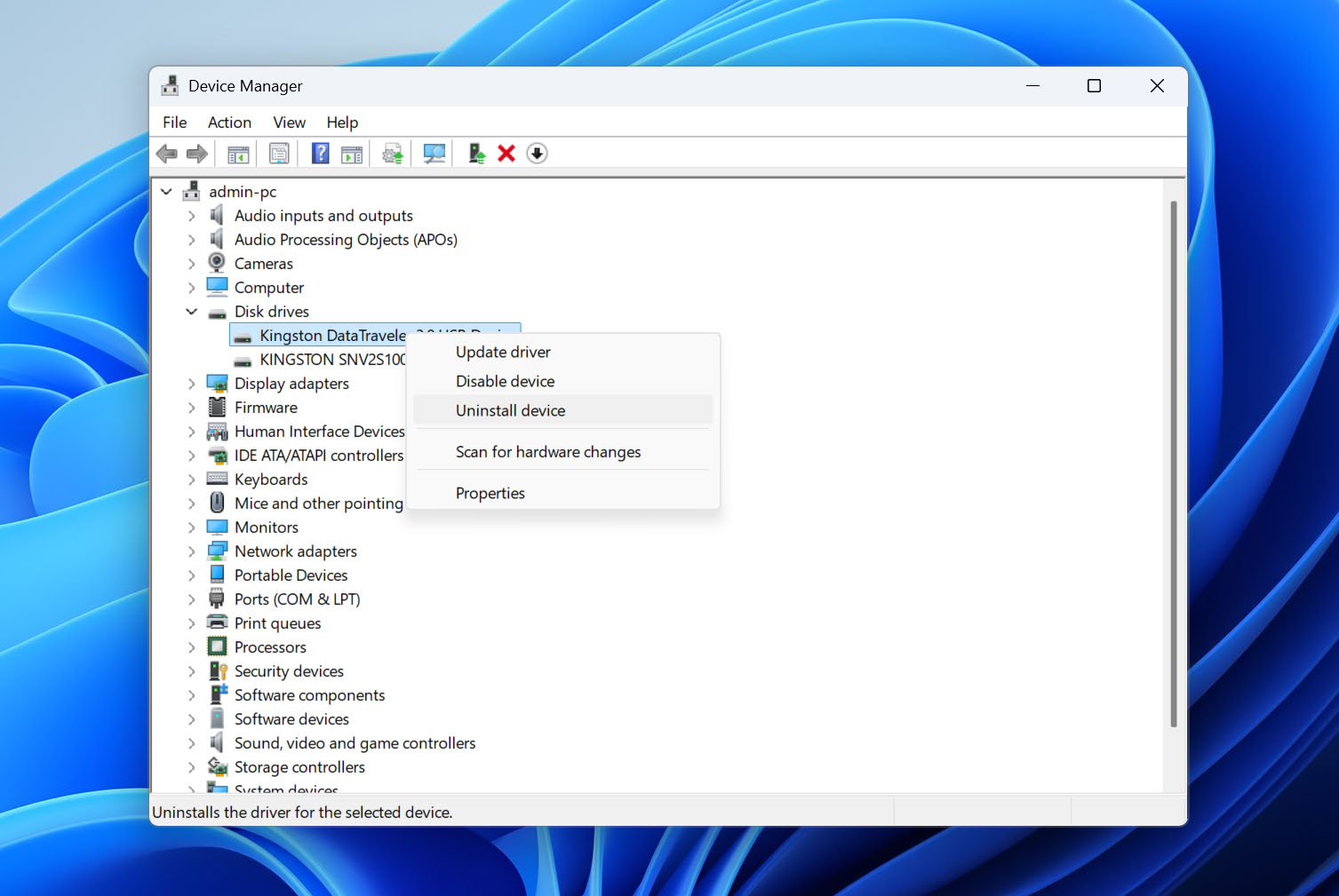 Uninstall device from device manager