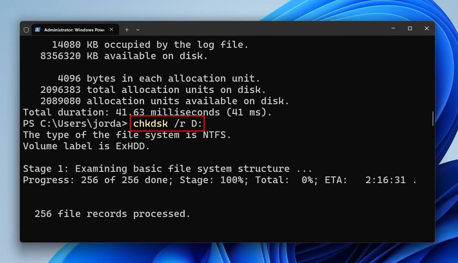 Running CHKDSK with the /r flag.