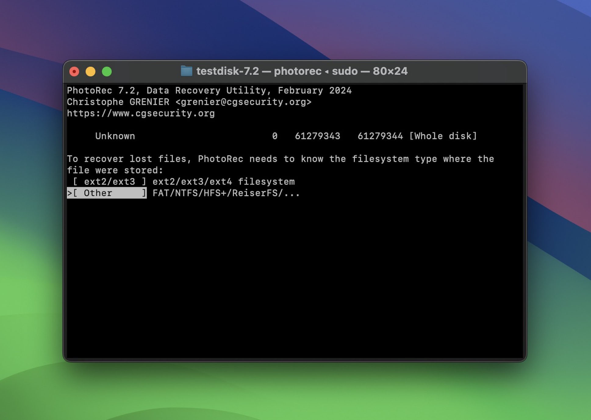 choose file system type in photorec
