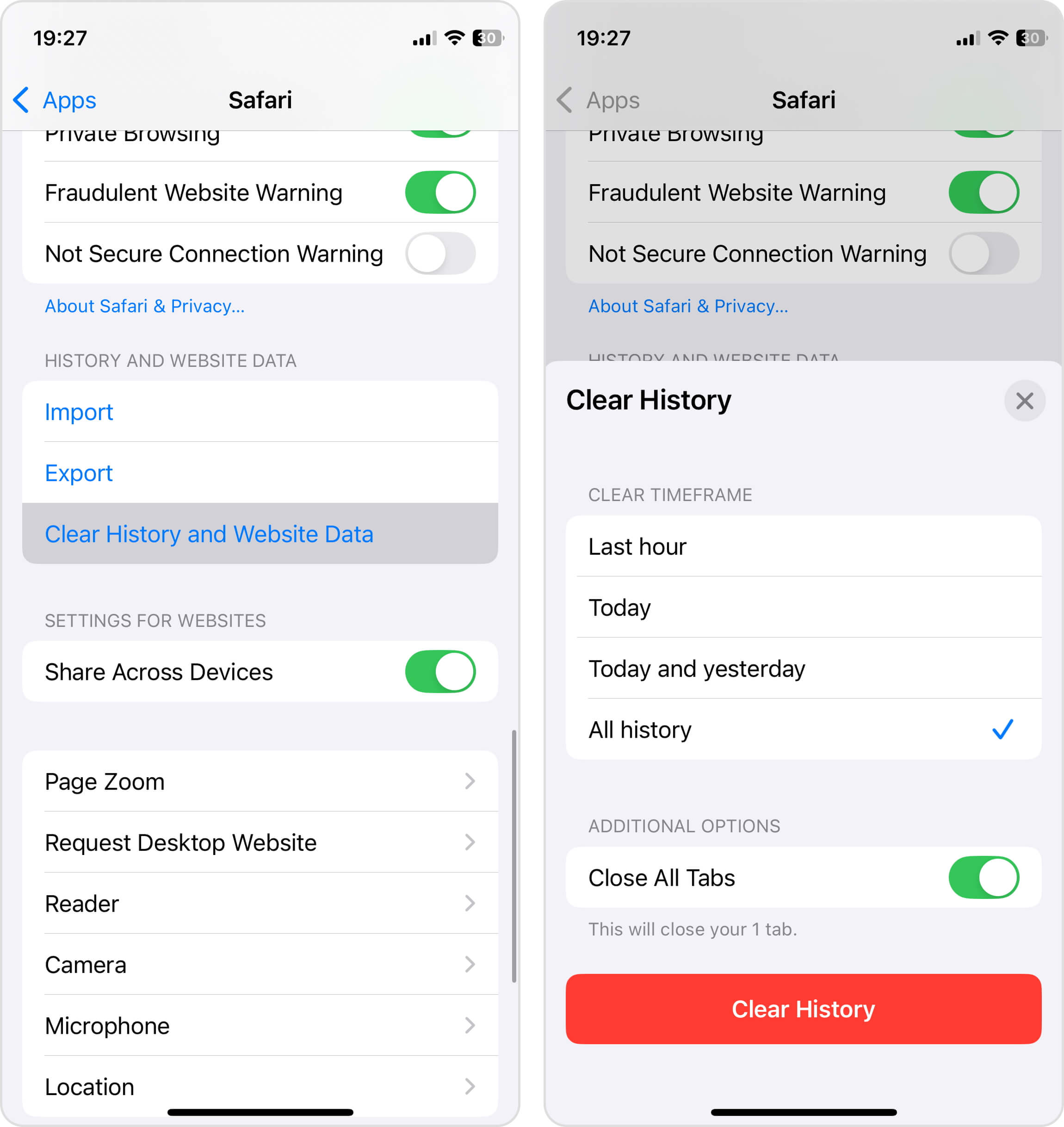 Clear History and Website Data in the Safari settings