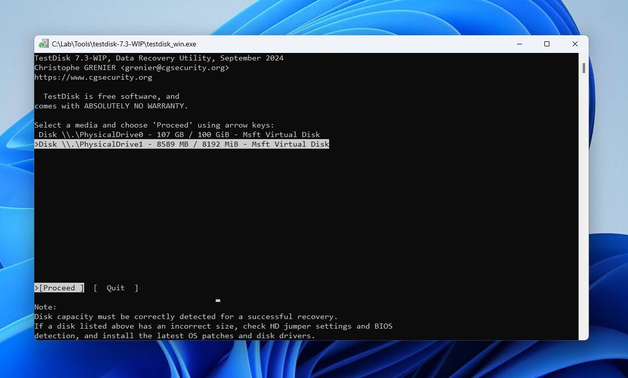 Selecting a disk.