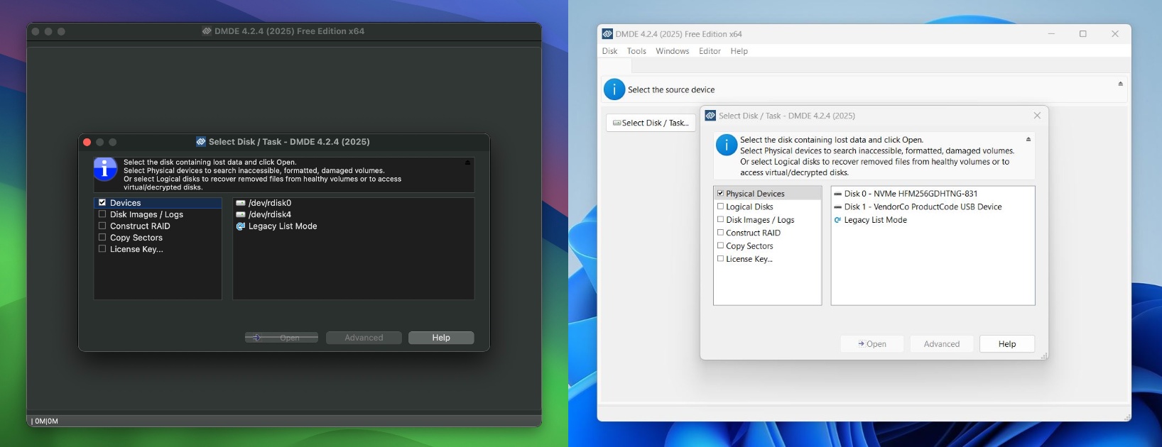 dmde interface on windows and macos