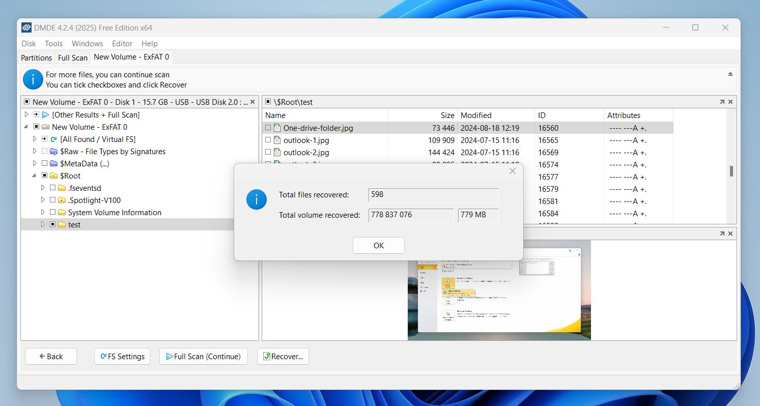 count of recovered files dmde