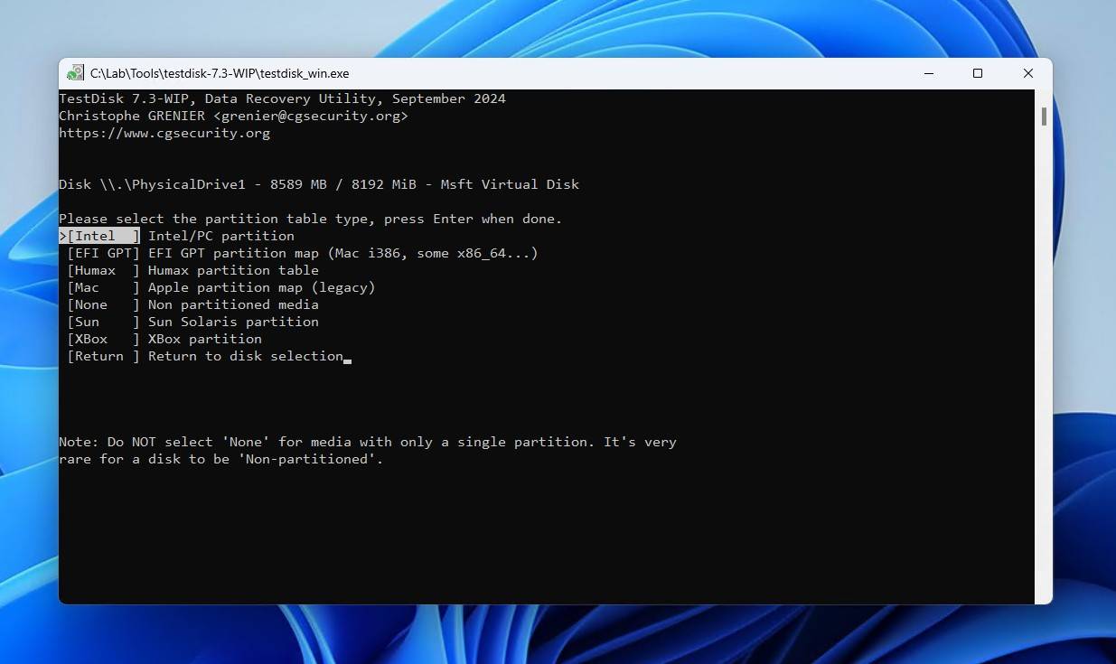 Choosing a partition table type.