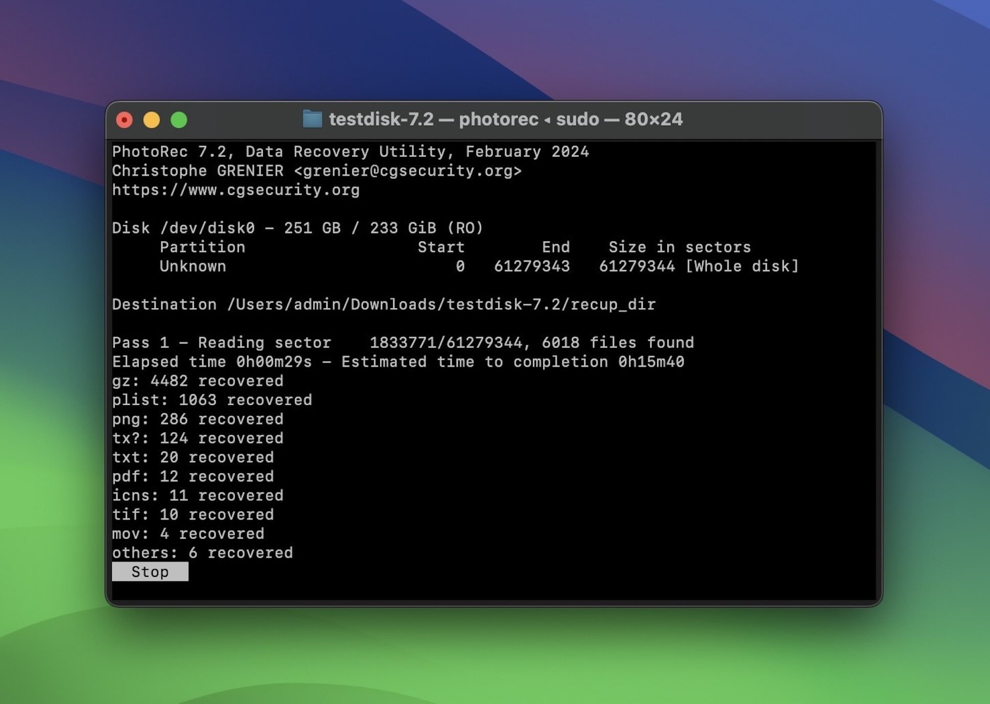 photorec scan in mac terminal