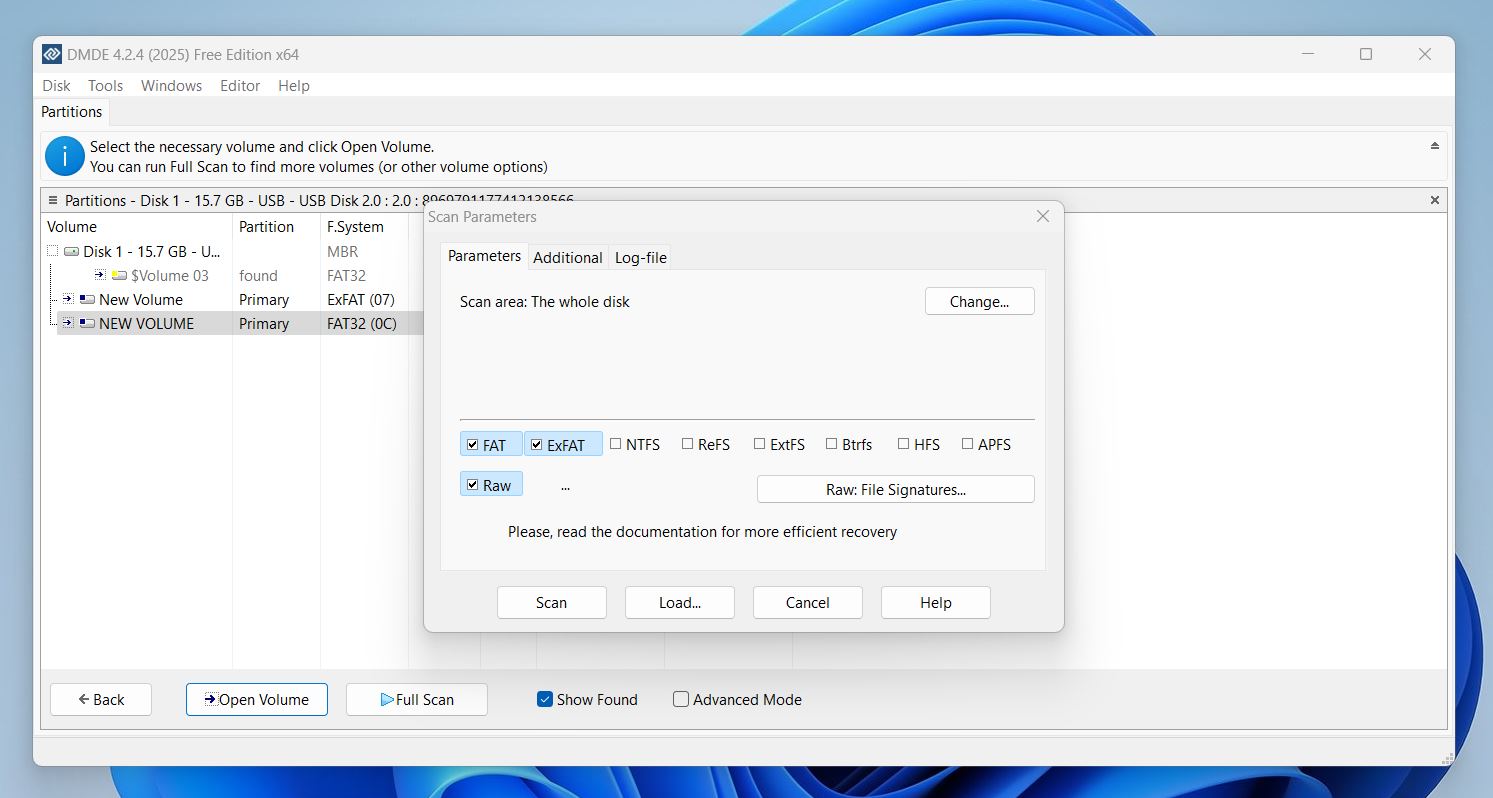 configure scan parameters in dmde
