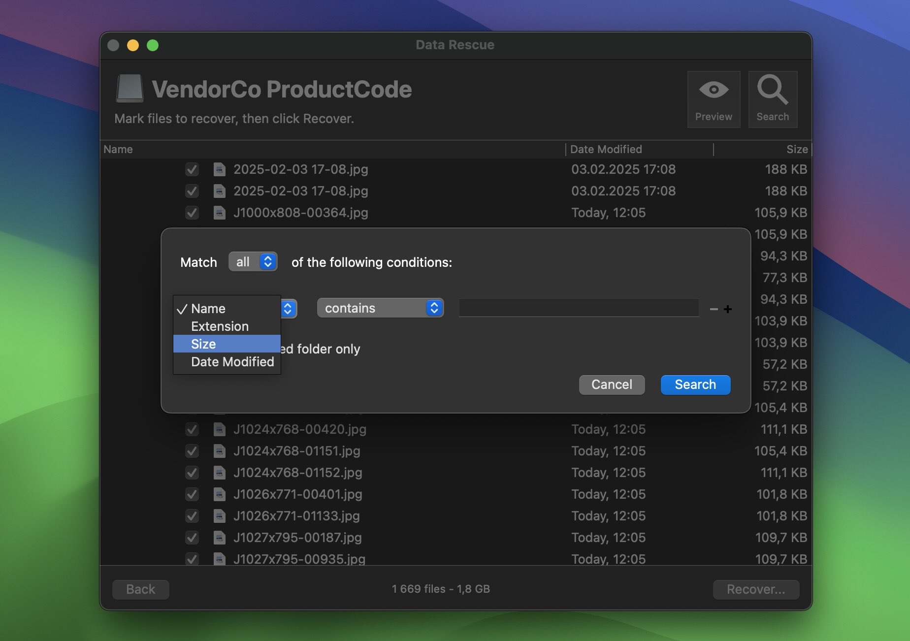 Use search in data rescue 6