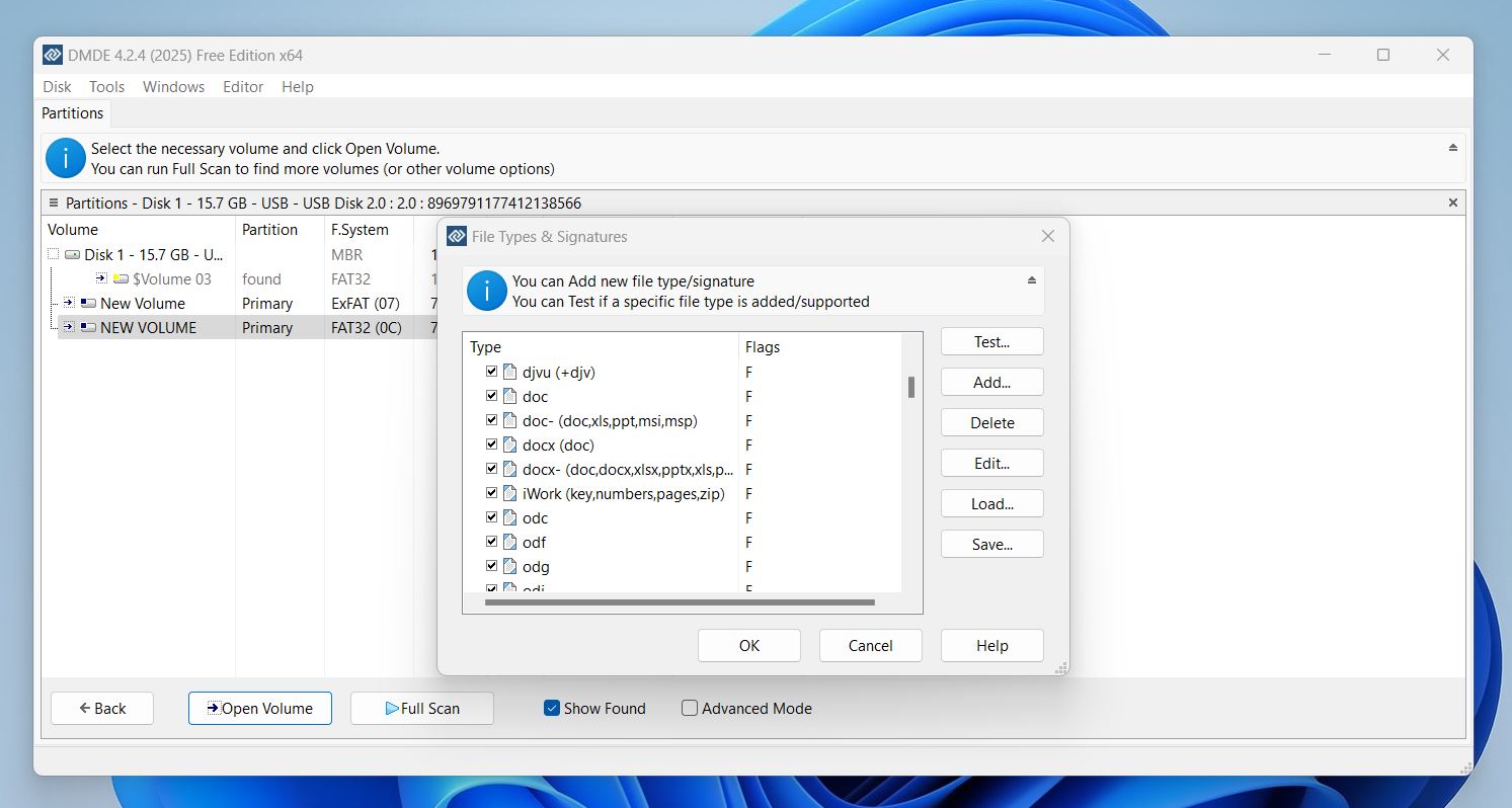 supported signatures in dmde