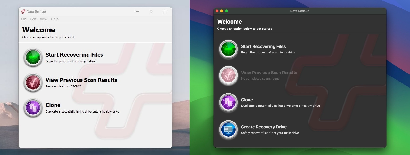 comparison UI Data Rescue Mac and Windows versions