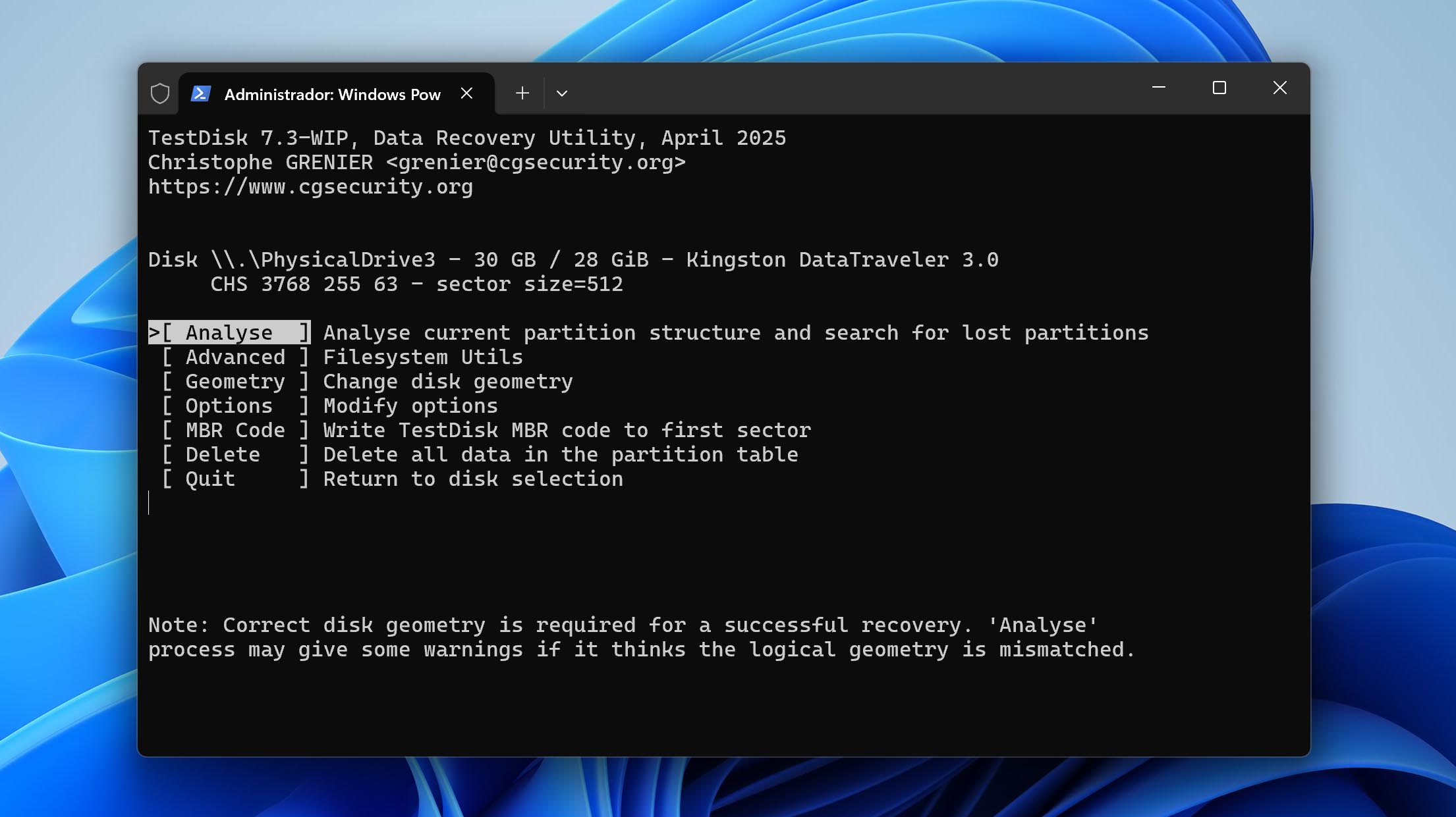 analizar unidad en TestDisk