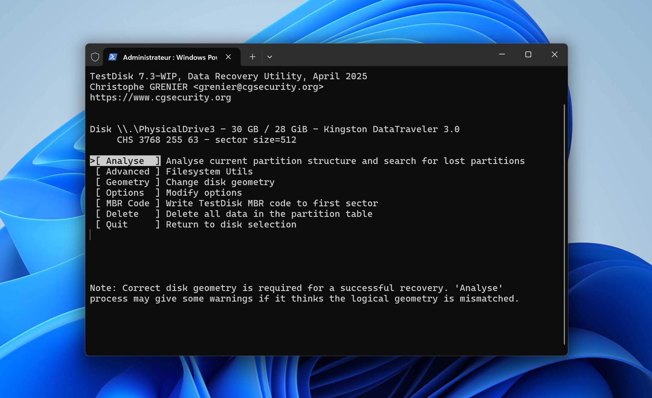 analyse de la structure des partitions avec TestDisk