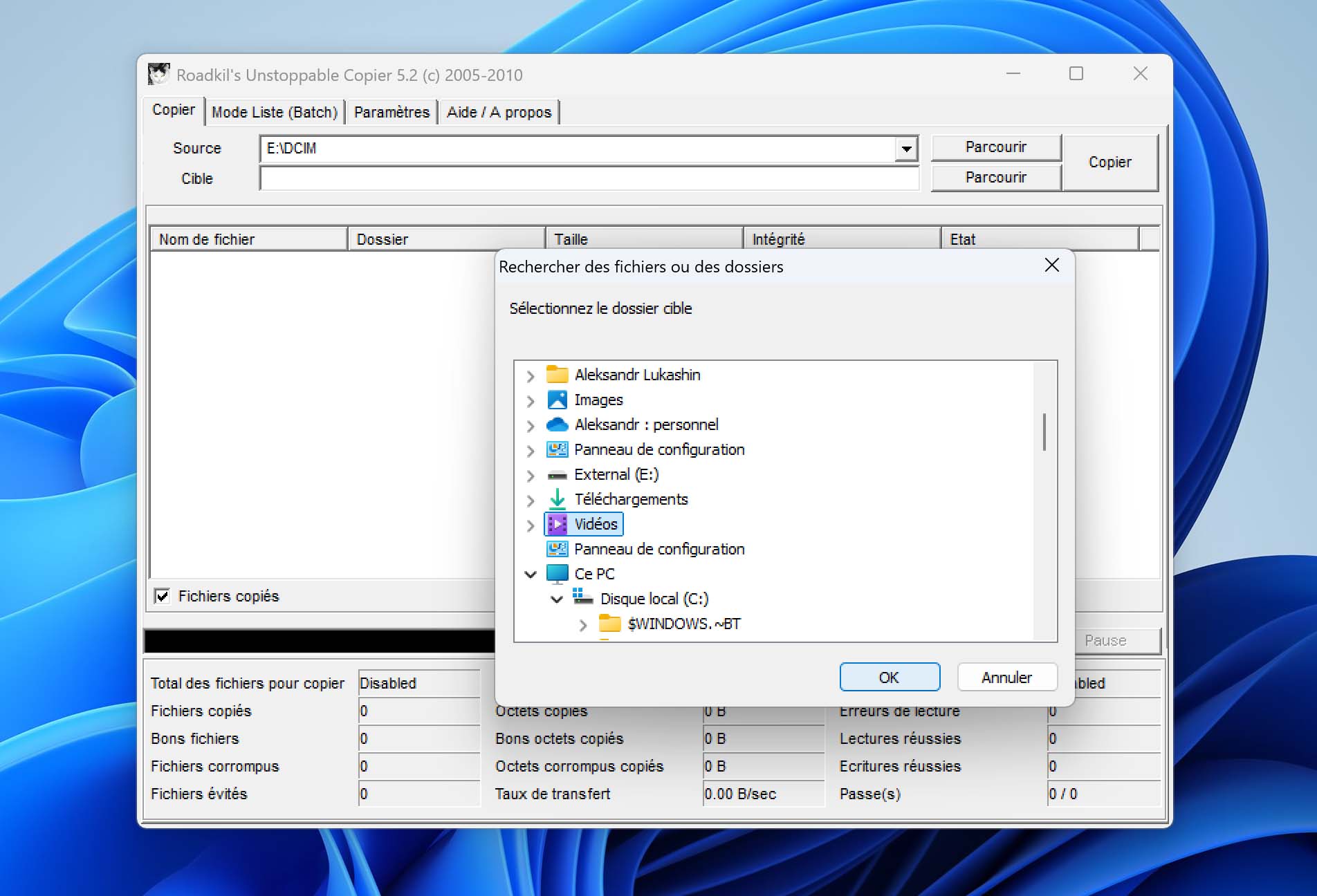 Choix de l’emplacement de destination dans Unstoppable Copier