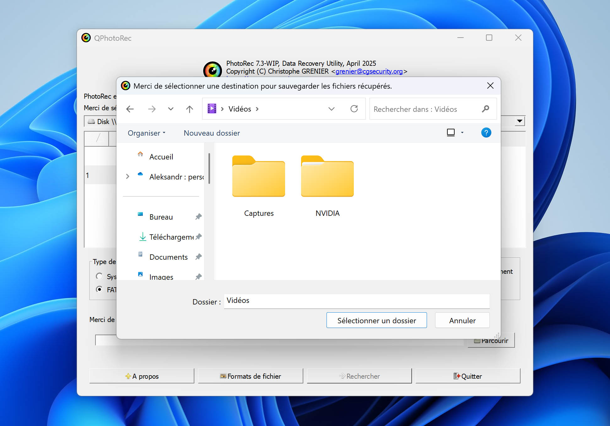 configurer l'emplacement de récupération dans PhotoRec