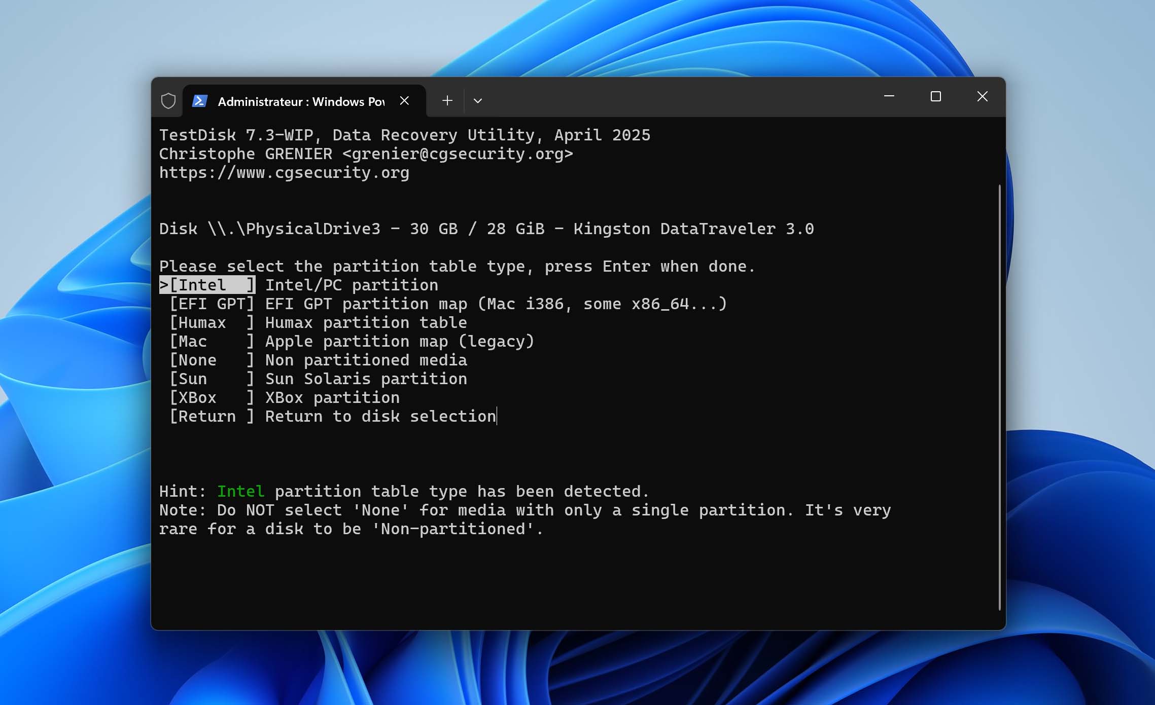 sélection du type de table de partition dans TestDisk