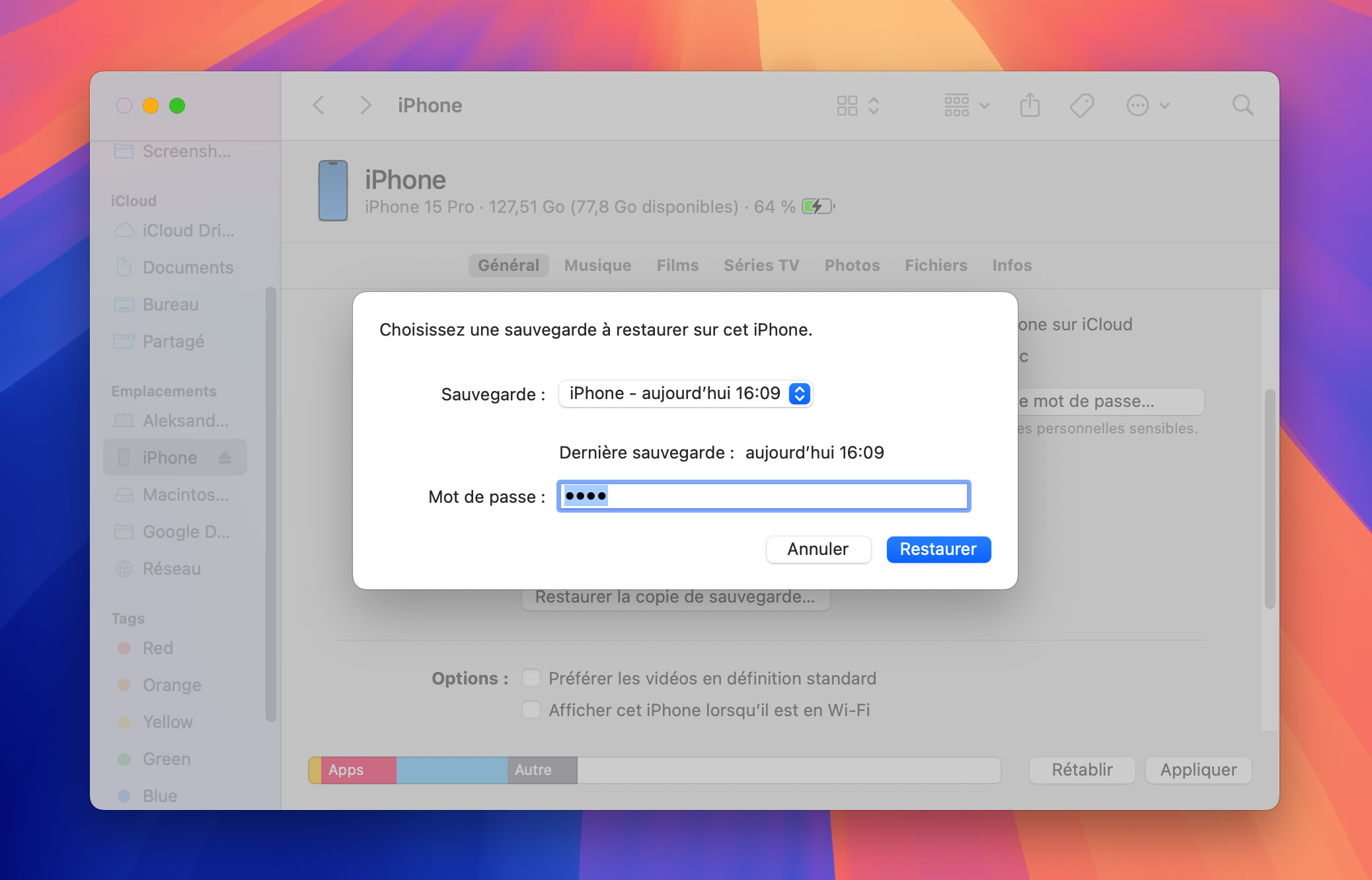 autoriser le finder à sauvegarder l'iphone