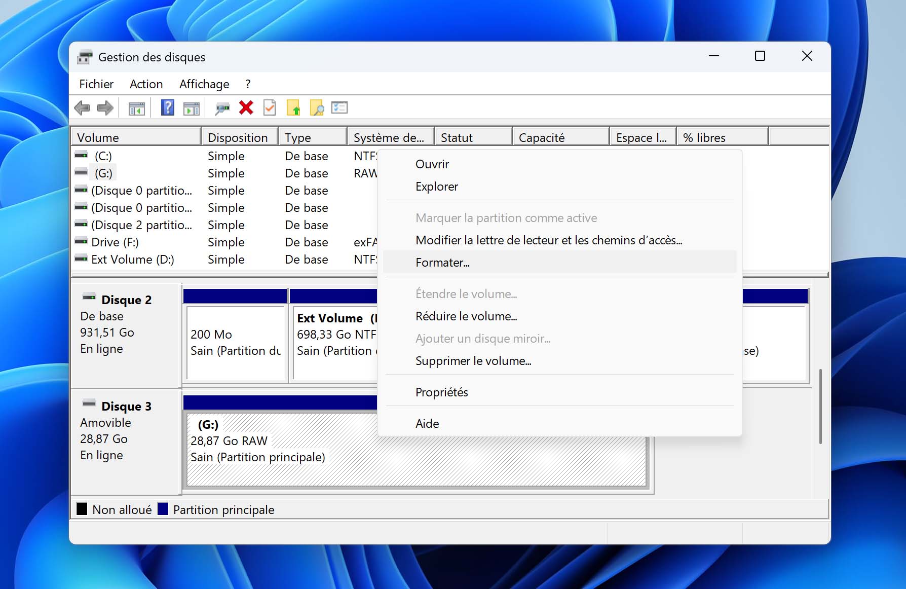 cliquer sur l’option Formater