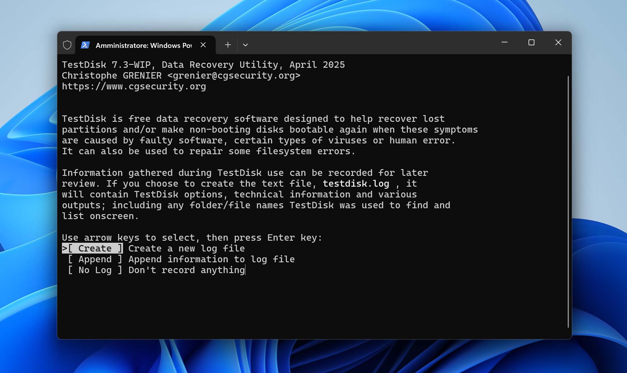 crea file di registro in testdisk