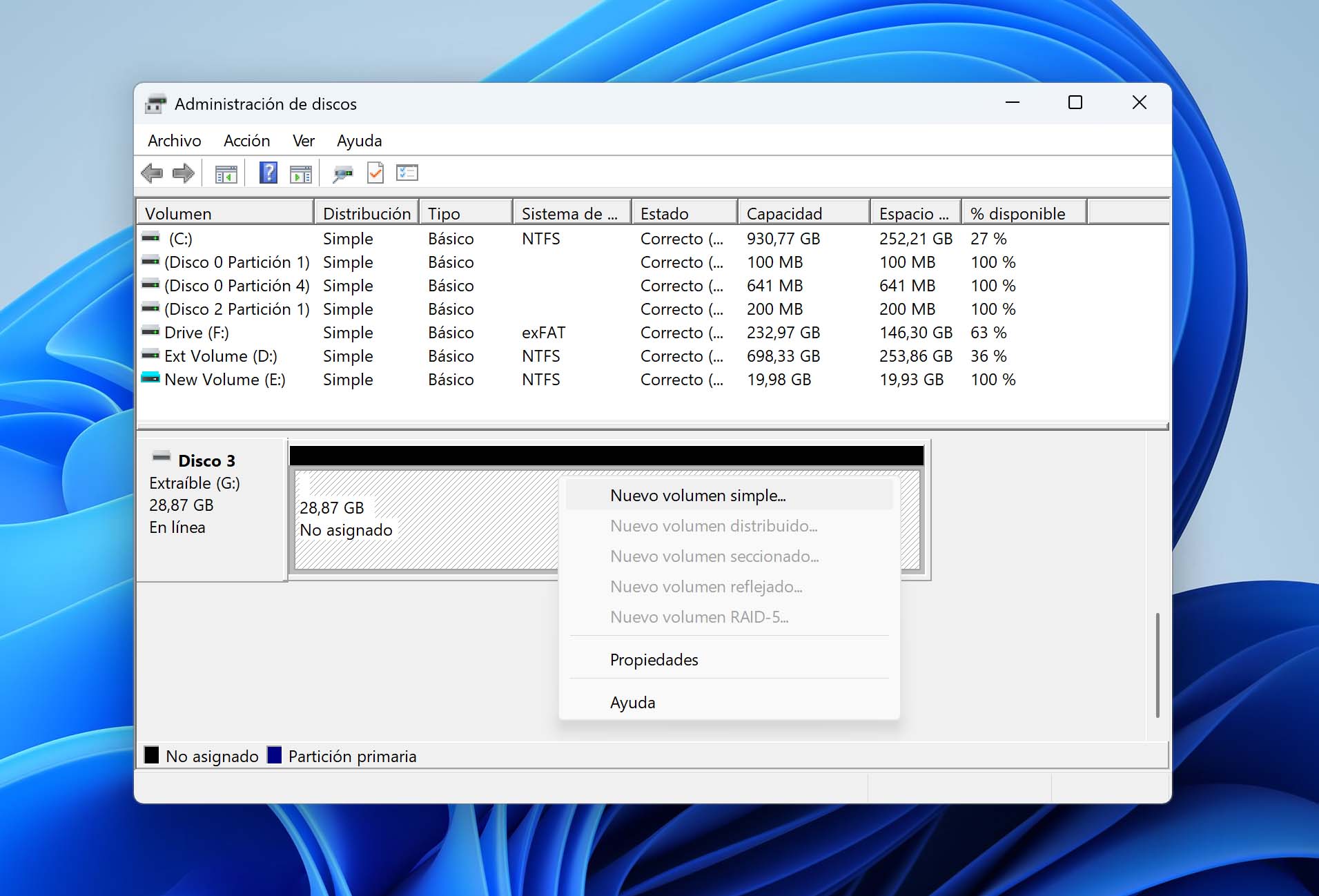 crear nuevo volumen simple en tarjeta SD