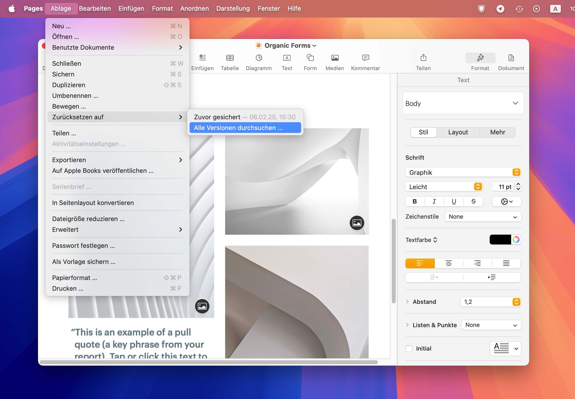 Option 'Zurücksetzen auf' in Pages verwenden