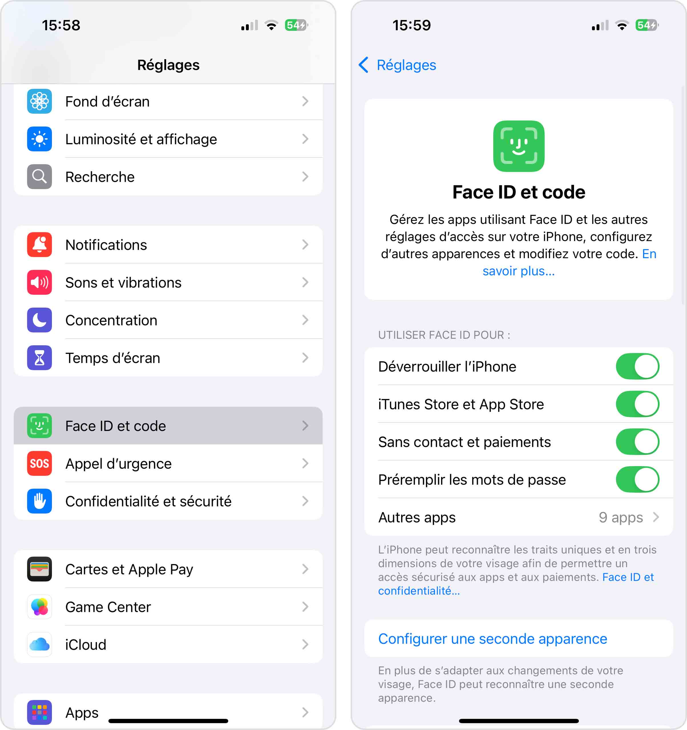 paramètres Face ID sur iPhone