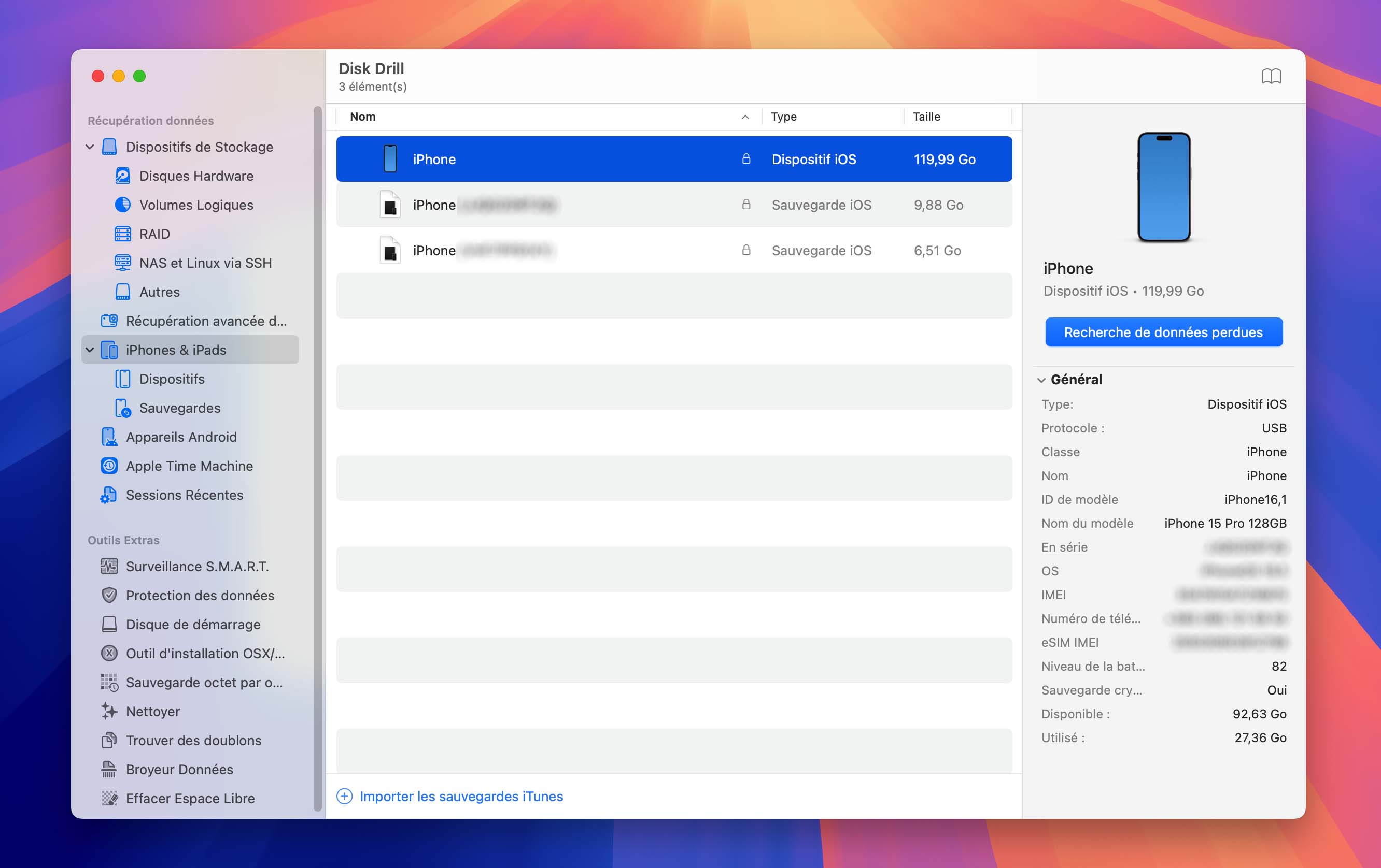 sélectionner l’iPhone à analyser dans Disk Drill