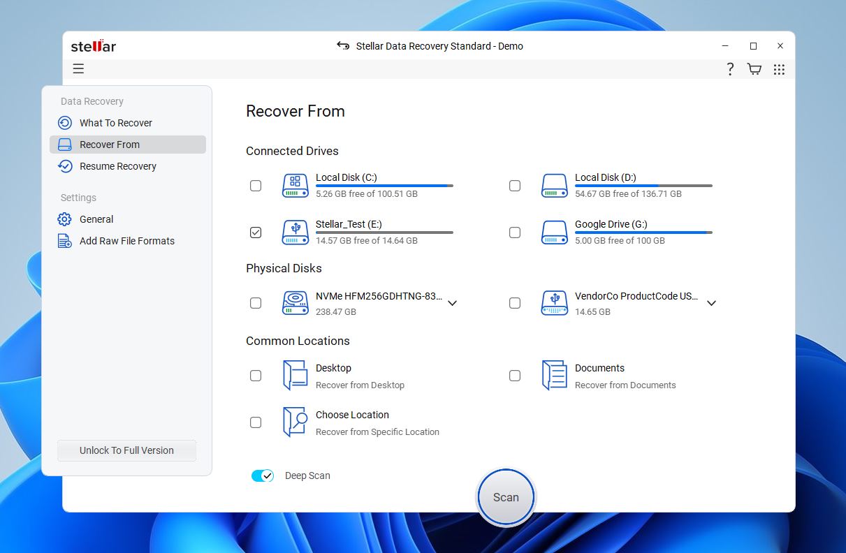 drive selection in Stellar Data Recovery 