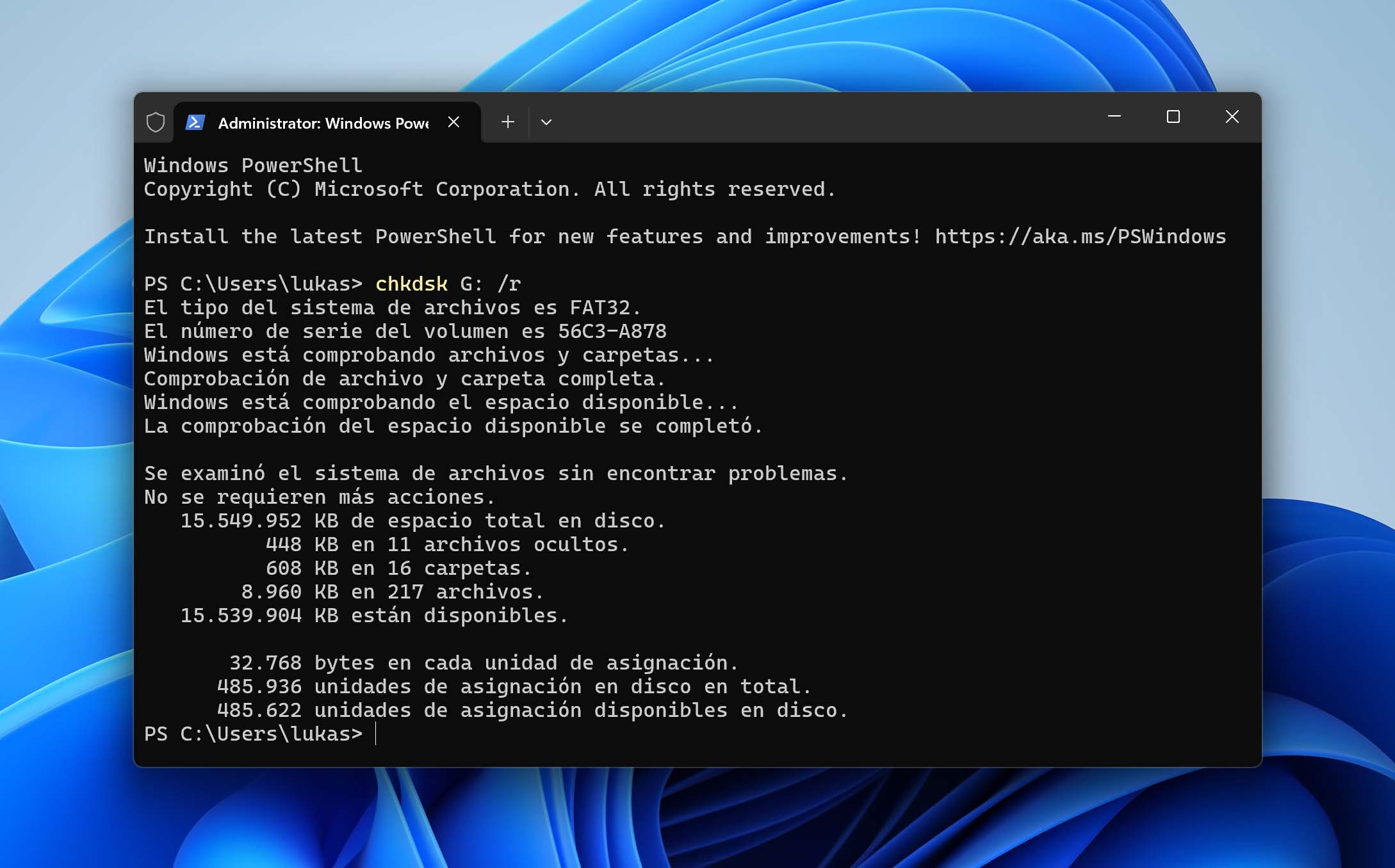 resultado del comando chkdsk en tarjeta SD