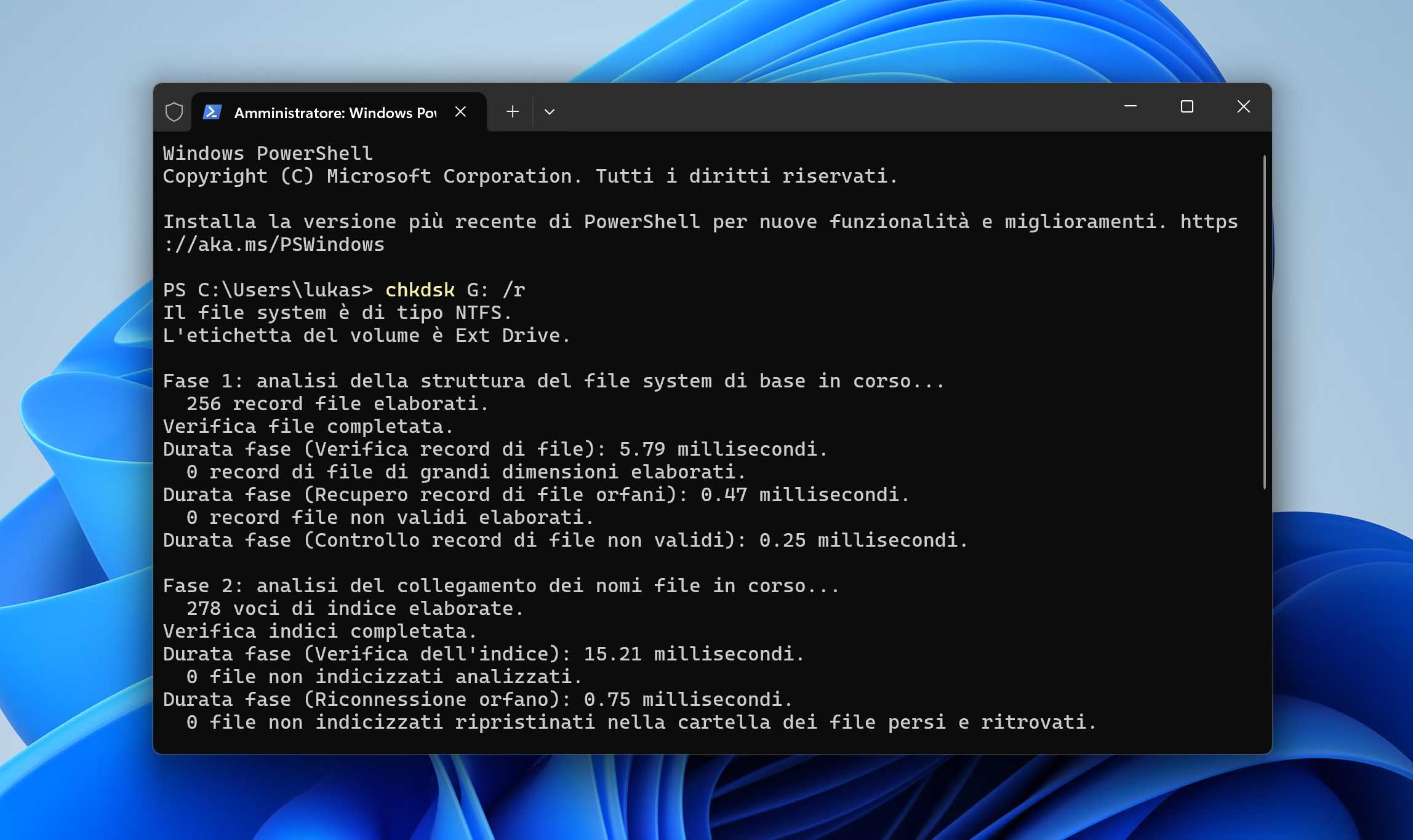 Esecuzione del comando CHKDSK.