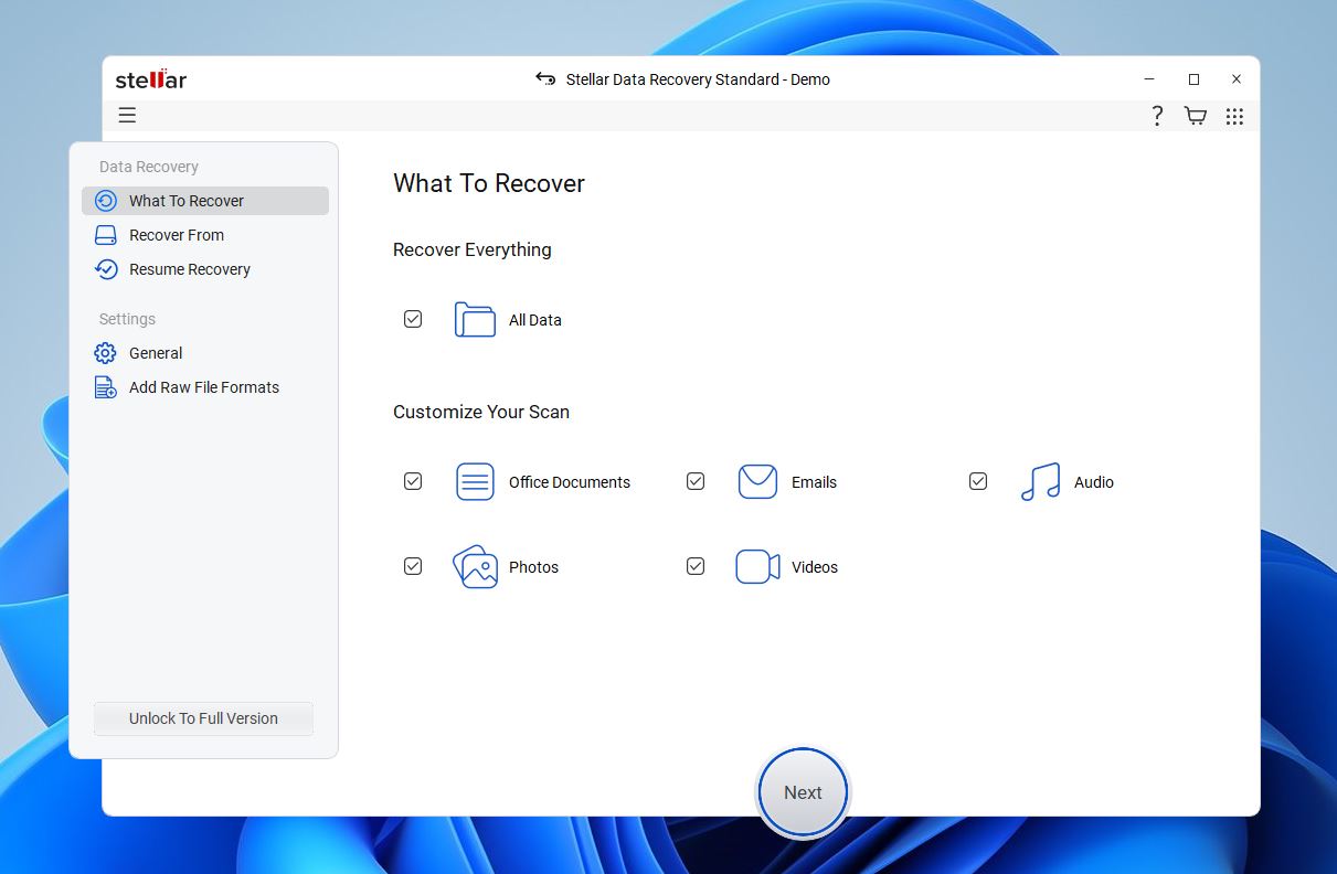 file types selection before scan in Stellar