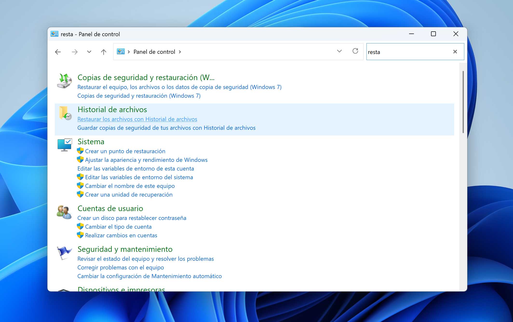 restaurar archivos con historial de archivos