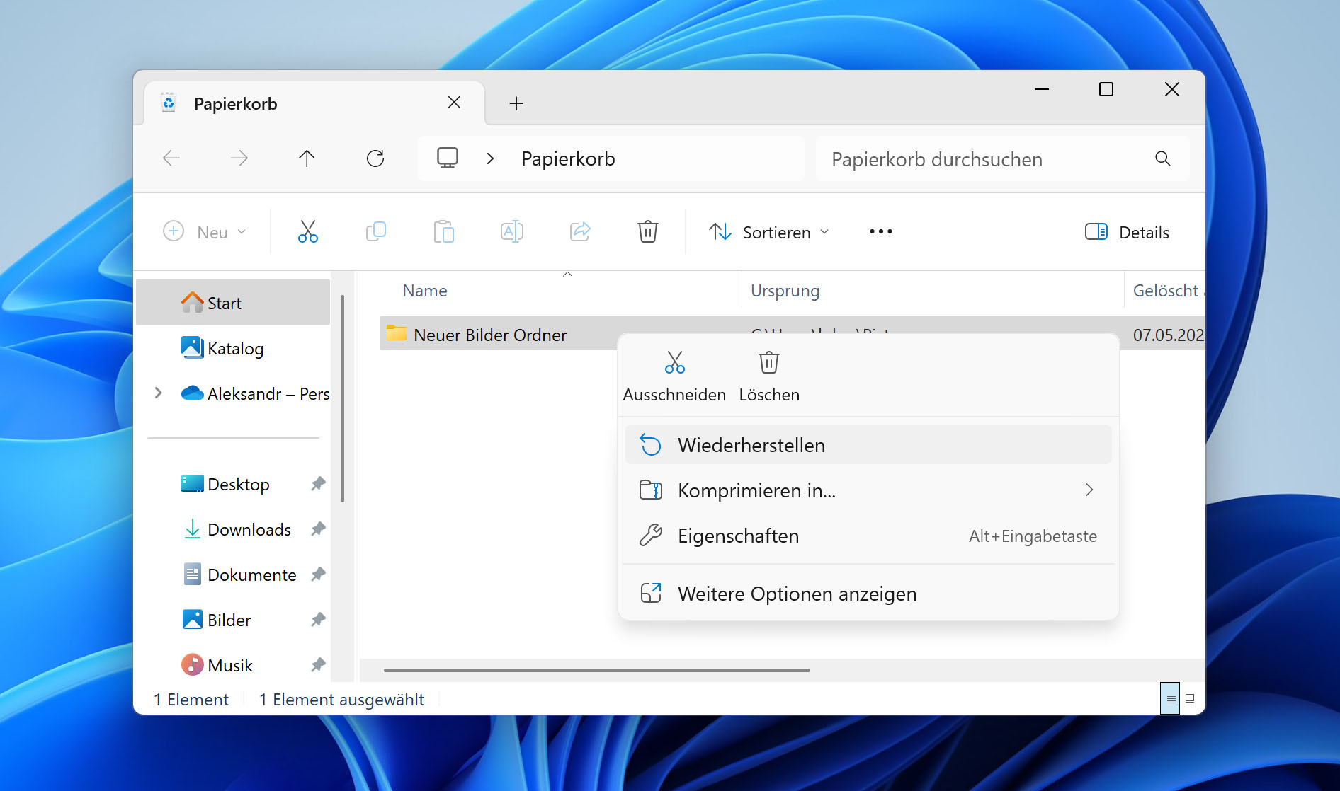 gelöschter Ordner im Papierkorb
