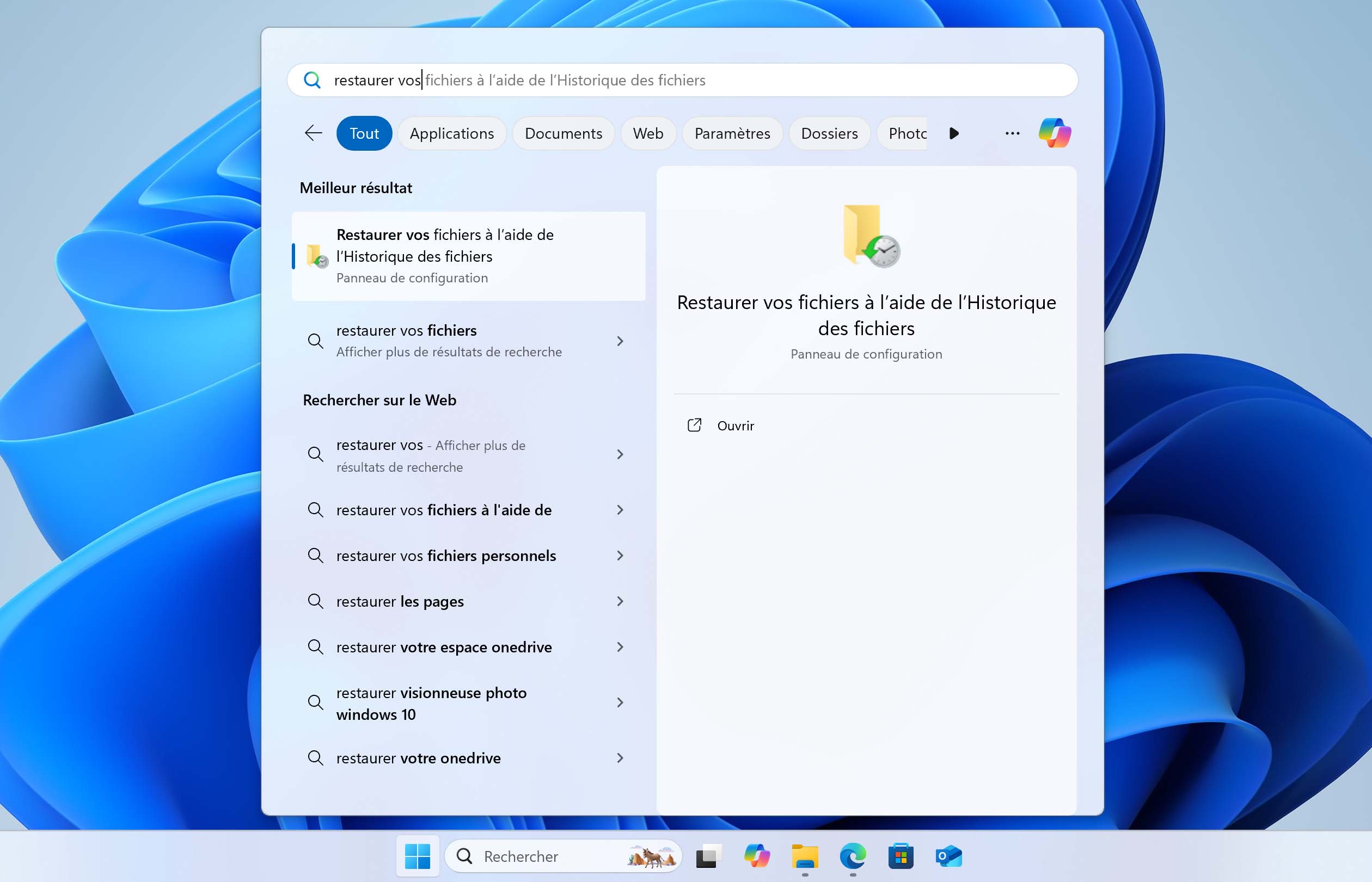 restaurer vos fichiers avec l’historique des fichiers via le menu démarrer