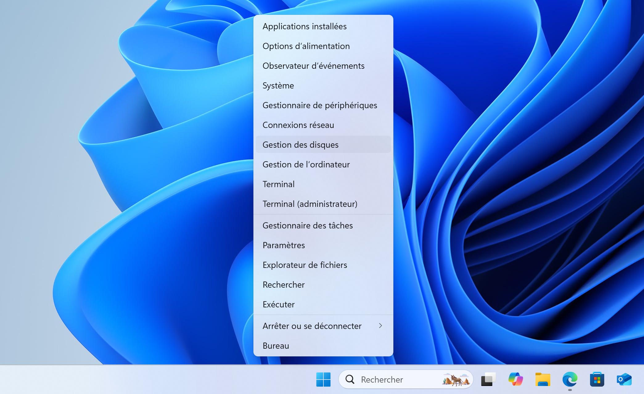 ouvrir la gestion des disques sous Windows 11